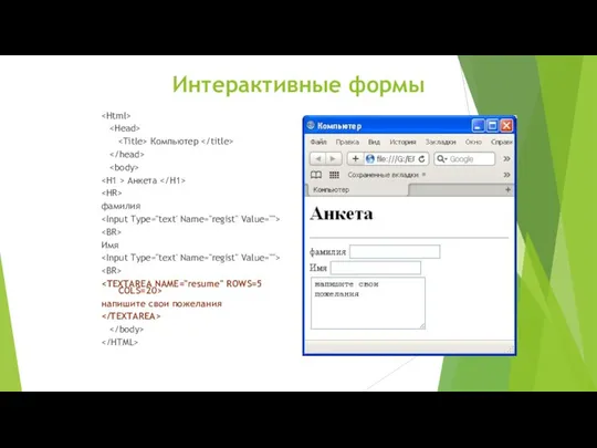 Интерактивные формы Компьютер Анкета фамилия Имя напишите свои пожелания