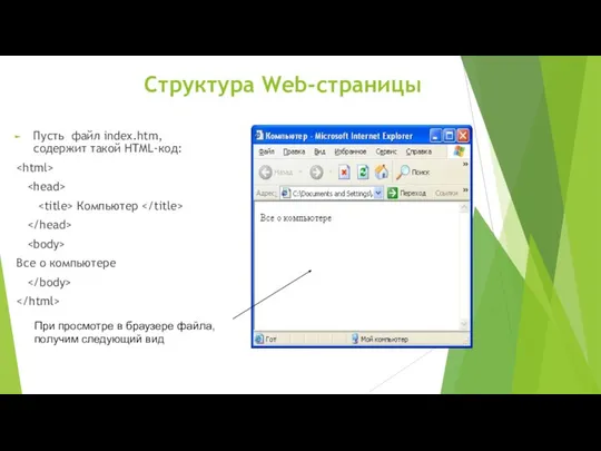 Структура Web-страницы Пусть файл index.htm, содержит такой HTML-код: Компьютер Все о