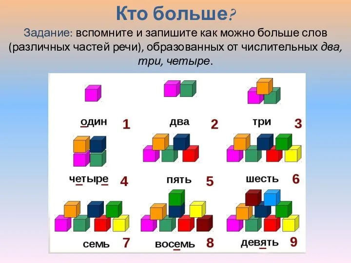 Кто больше? Задание: вспомните и запишите как можно больше слов (различных