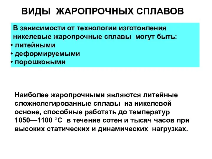 ВИДЫ ЖАРОПРОЧНЫХ СПЛАВОВ В зависимости от технологии изготовления никелевые жаропрочные сплавы