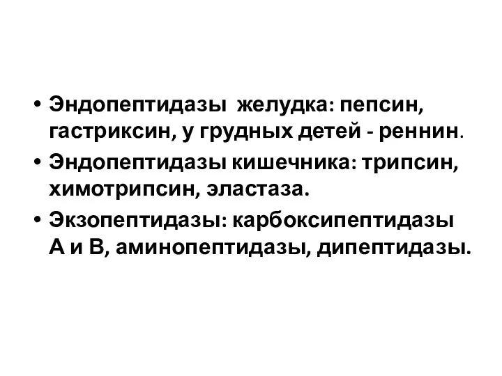 Эндопептидазы желудка: пепсин, гастриксин, у грудных детей - реннин. Эндопептидазы кишечника: