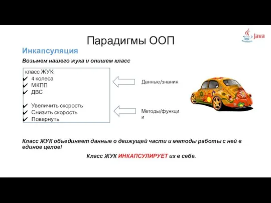 Инкапсуляция Возьмем нашего жука и опишем класс Класс ЖУК объединяет данные