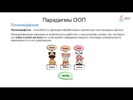 Полиморфизм Полиморфизм – способность функции обрабатывать различные типы входных данных. Полиморфизмом