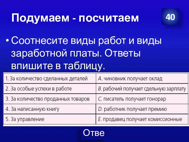 Подумаем - посчитаем Соотнесите виды работ и виды заработной платы. Ответы впишите в таблицу. 40