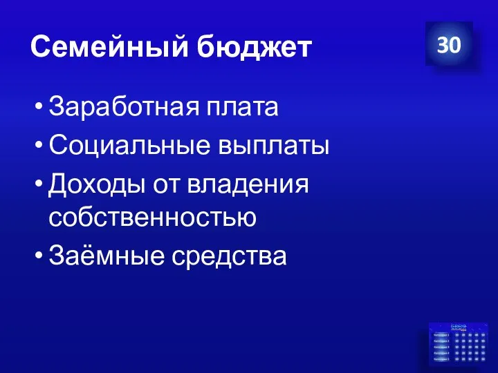 Семейный бюджет Заработная плата Социальные выплаты Доходы от владения собственностью Заёмные средства 30