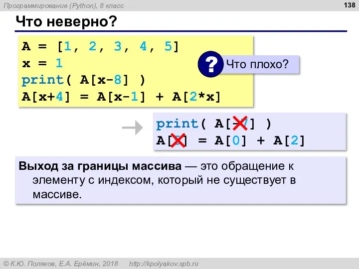 Что неверно? A = [1, 2, 3, 4, 5] x =