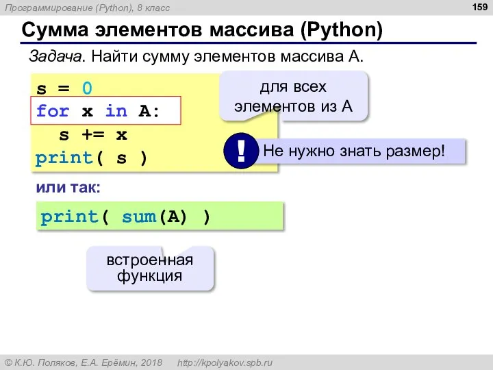 Сумма элементов массива (Python) s = 0 for x in A: