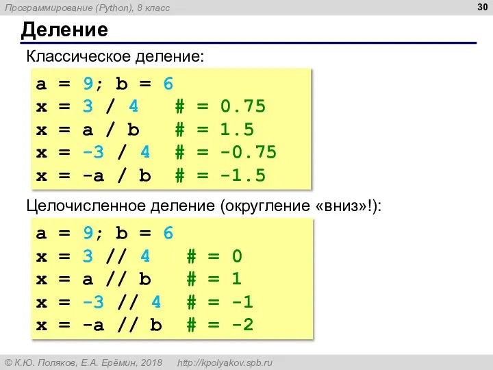 Деление Классическое деление: a = 9; b = 6 x =