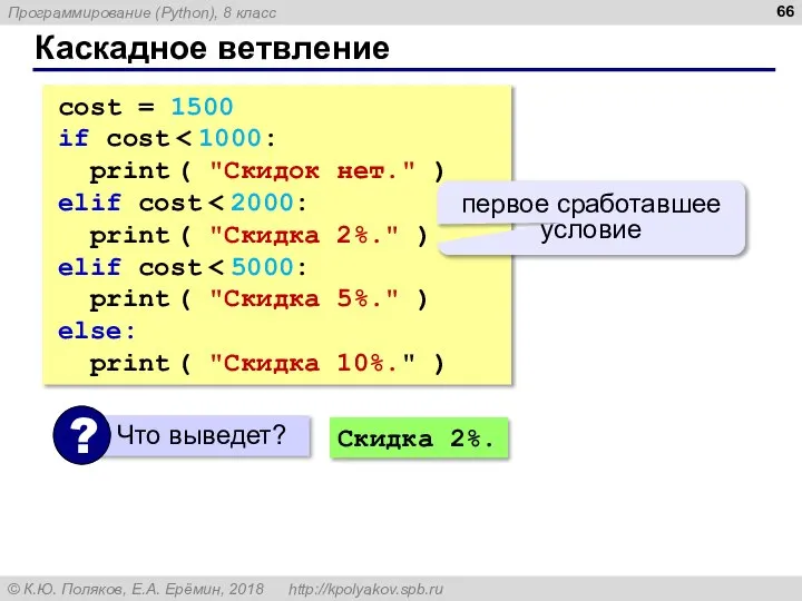 Каскадное ветвление cost = 1500 if cost print ( "Скидок нет."