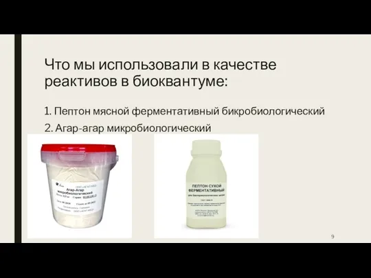 Что мы использовали в качестве реактивов в биоквантуме: 1. Пептон мясной ферментативный бикробиологический 2. Агар-агар микробиологический