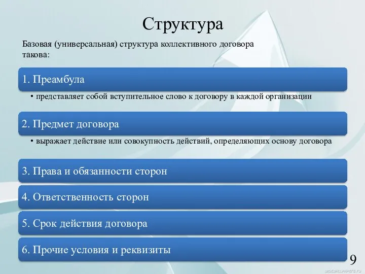 Структура Базовая (универсальная) структура коллективного договора такова: 9