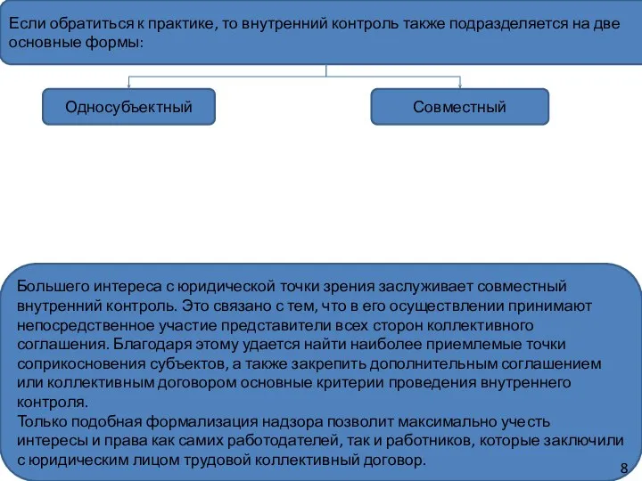 Большего интереса с юридической точки зрения заслуживает совместный внутренний контроль. Это