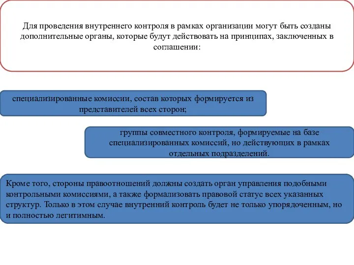 Для проведения внутреннего контроля в рамках организации могут быть созданы дополнительные