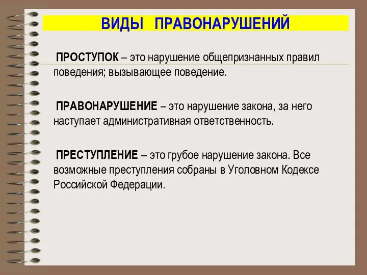 ВИДЫ ПРАВОНАРУШЕНИЙ ПРОСТУПОК – это нарушение общепризнанных правил поведения; вызывающее поведение.