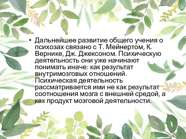 Дальнейшее развитие общего учения о психозах связано с Т. Мейнертом, К.