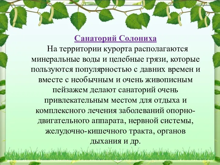 Санаторий Солониха На территории курорта располагаются минеральные воды и целебные грязи,