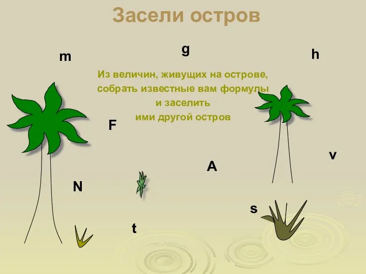 Засели остров Из величин, живущих на острове, собрать известные вам формулы