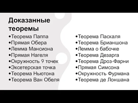 Доказанные теоремы •Теорема Паппа •Прямая Обера •Лемма Мансиона •Прямая Нагеля •Окружность