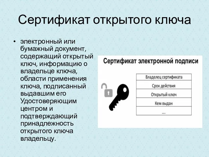 Сертификат открытого ключа электронный или бумажный документ, содержащий открытый ключ, информацию