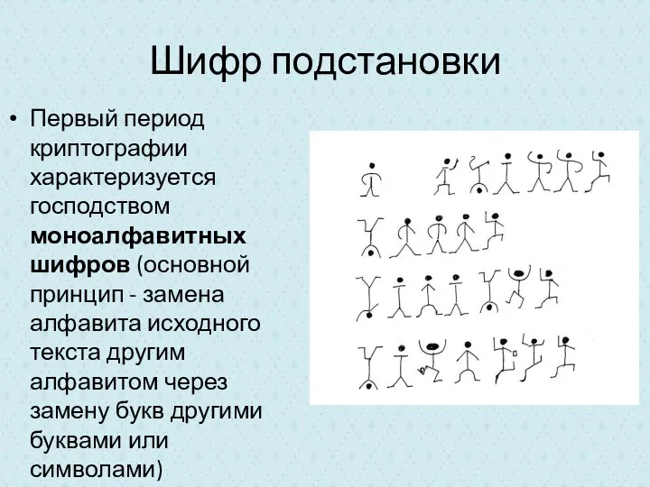 Шифр подстановки Первый период криптографии характеризуется господством моноалфавитных шифров (основной принцип