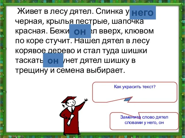 Живет в лесу дятел. Спинка у дятла черная, крылья пестрые, шапочка