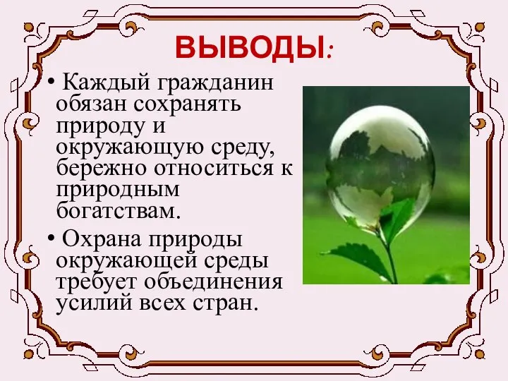 ВЫВОДЫ: Каждый гражданин обязан сохранять природу и окружающую среду, бережно относиться