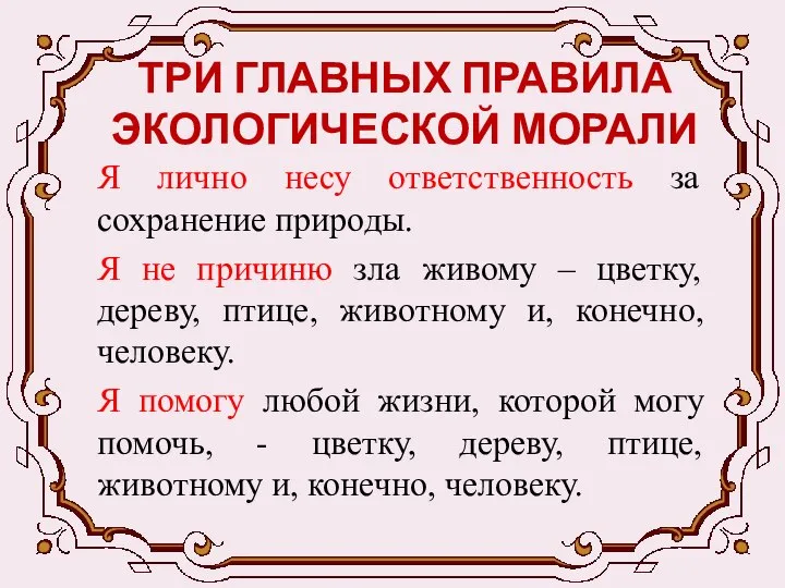 ТРИ ГЛАВНЫХ ПРАВИЛА ЭКОЛОГИЧЕСКОЙ МОРАЛИ Я лично несу ответственность за сохранение