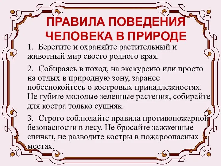 ПРАВИЛА ПОВЕДЕНИЯ ЧЕЛОВЕКА В ПРИРОДЕ 1. Берегите и охраняйте растительный и