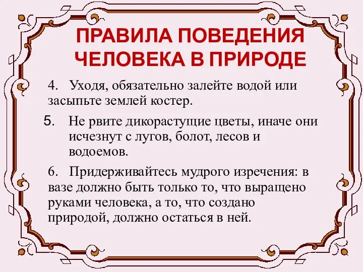 ПРАВИЛА ПОВЕДЕНИЯ ЧЕЛОВЕКА В ПРИРОДЕ 4. Уходя, обязательно залейте водой или