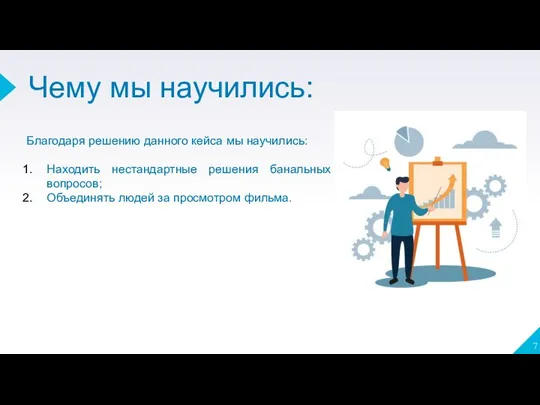 Благодаря решению данного кейса мы научились: Находить нестандартные решения банальных вопросов; Объединять людей за просмотром фильма.