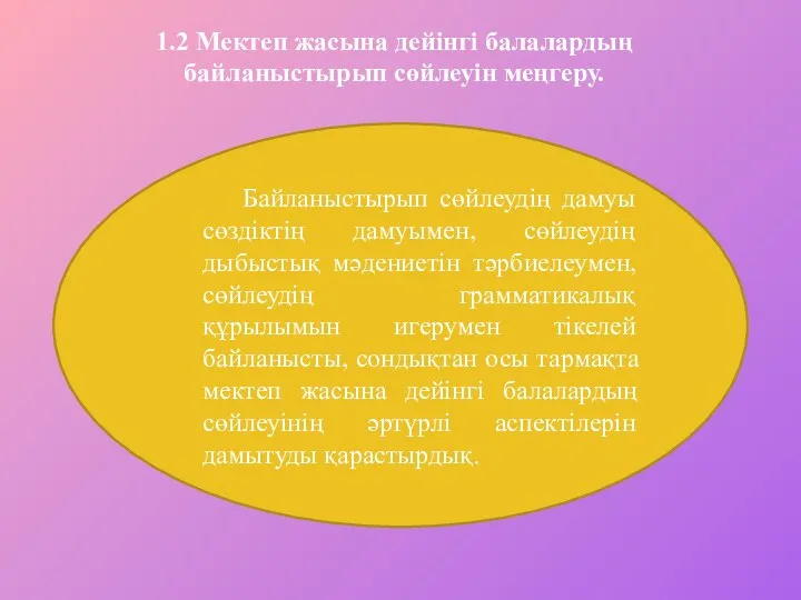 Байланыстырып сөйлеудің дамуы сөздіктің дамуымен, сөйлеудің дыбыстық мәдениетін тәрбиелеумен, сөйлеудің грамматикалық