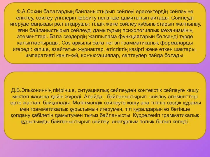 Ф.А.Сохин балалардың байланыстырып сөйлеуі ересектердің сөйлеуіне еліктеу, сөйлеу үлгілерін көбейту негізінде