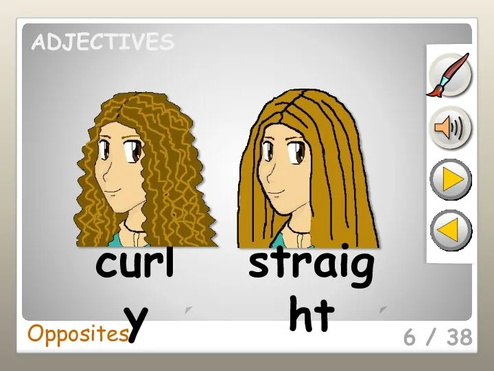 6 / 38 curly straight Opposites ADJECTIVES