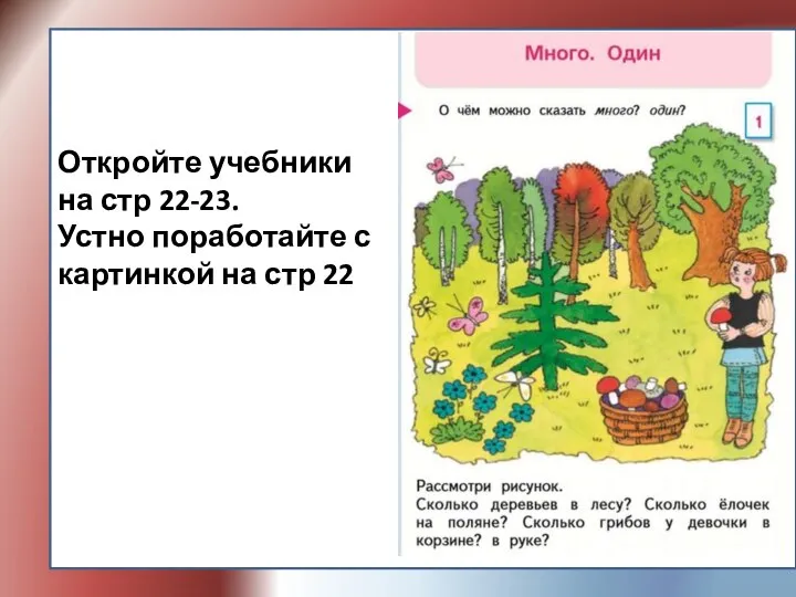 Откройте учебники на стр 22-23. Устно поработайте с картинкой на стр 22