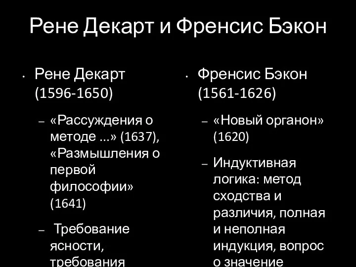 Рене Декарт и Френсис Бэкон Рене Декарт (1596-1650) «Рассуждения о методе