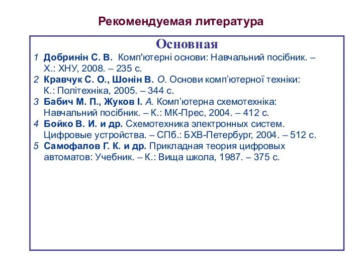 Рекомендуемая литература Основная 1 Добринін С. В. Комп'ютерні основи: Навчальний посібник.