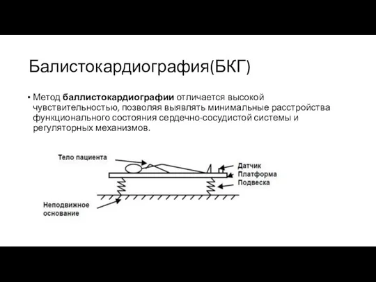 Балистокардиография(БКГ) Метод баллистокардиографии отличается высокой чувствительностью, позволяя выявлять минимальные расстройства функционального