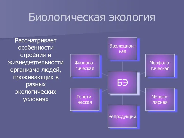 Биологическая экология Рассматривает особенности строения и жизнедеятельности организма людей, проживающих в разных экологических условиях