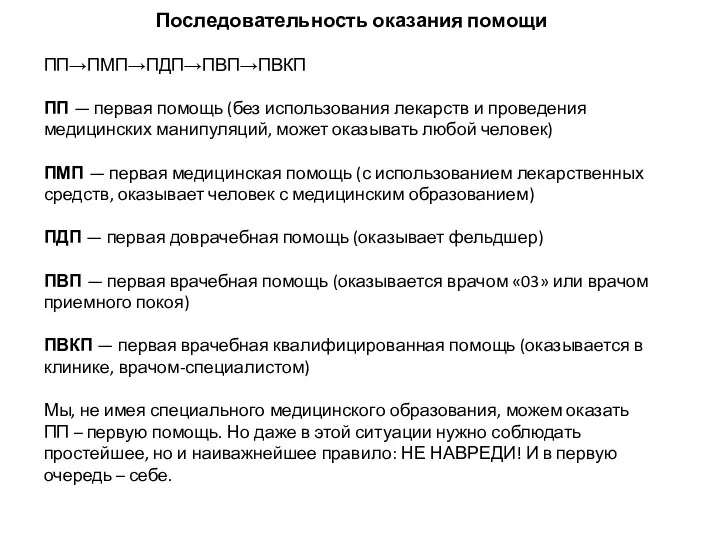 Последовательность оказания помощи ПП→ПМП→ПДП→ПВП→ПВКП ПП — первая помощь (без использования лекарств