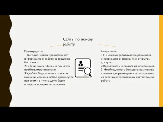 Сайты по поиску работу Недостатки: 1.Не каждый работодатель размещает информацию о