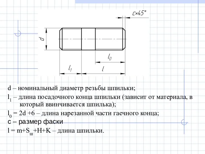 d – номинальный диаметр резьбы шпильки; l1 – длина посадочного конца