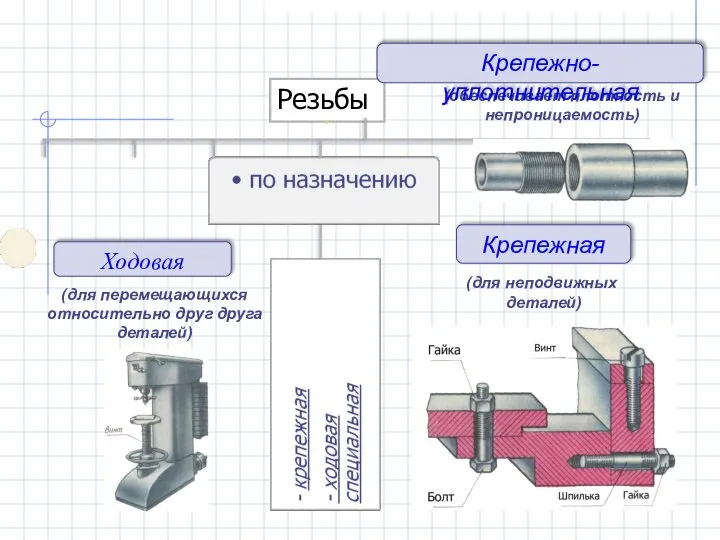 Резьбы (обеспечивает плотность и непроницаемость) Крепежно-уплотнительная Крепежная Ходовая (для перемещающихся относительно