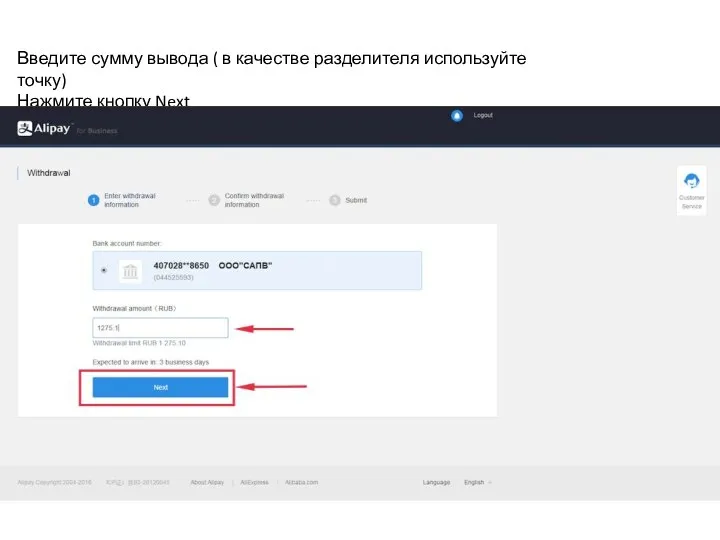 Введите сумму вывода ( в качестве разделителя используйте точку) Нажмите кнопку Next