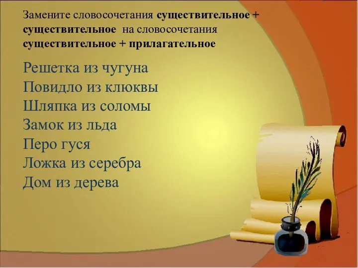 Замените словосочетания существительное + существительное на словосочетания существительное + прилагательное Решетка