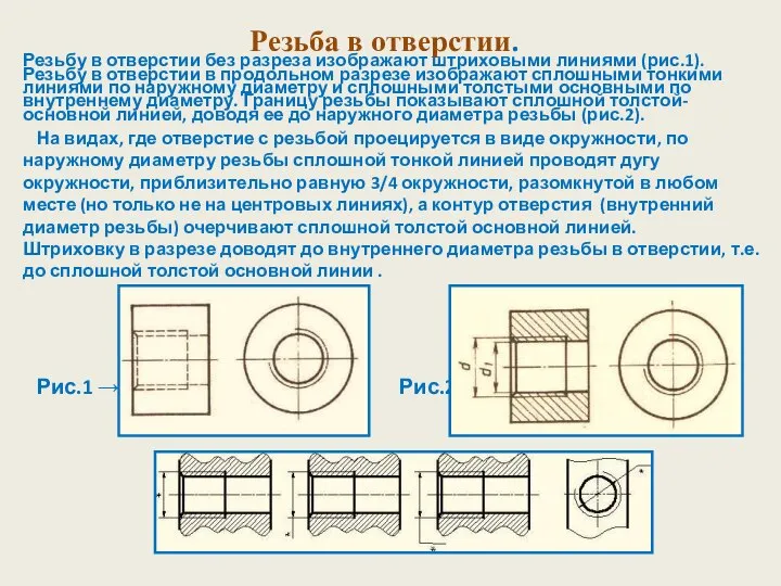 Резьба в отверстии. Резьбу в отверстии без разреза изображают штриховыми линиями