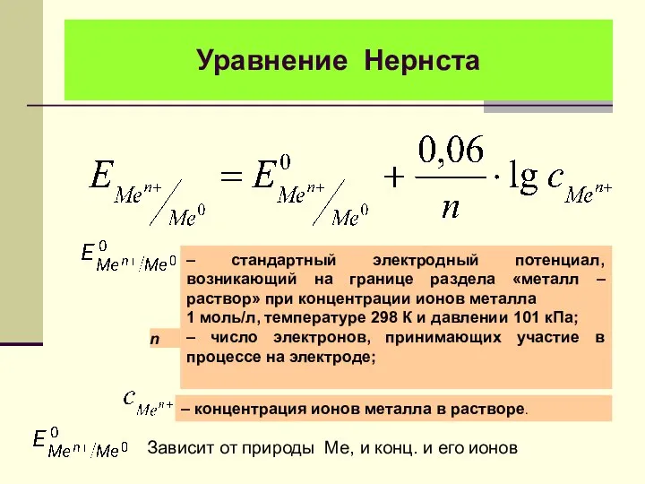 Уравнение Нернста – стандартный электродный потенциал, возникающий на границе раздела «металл