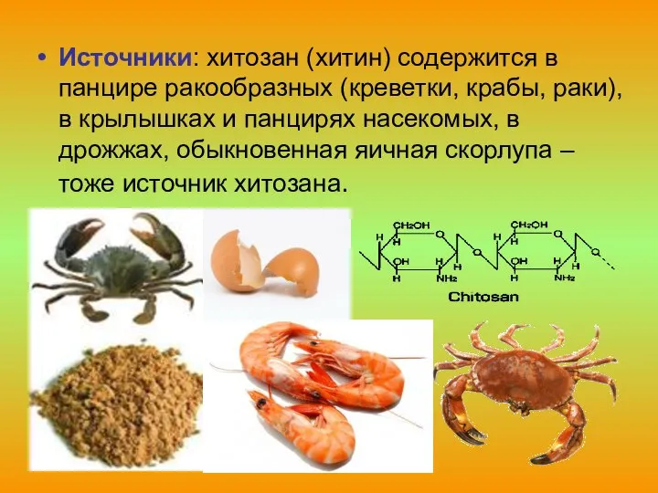 Источники: хитозан (хитин) содержится в панцире ракообразных (креветки, крабы, раки), в