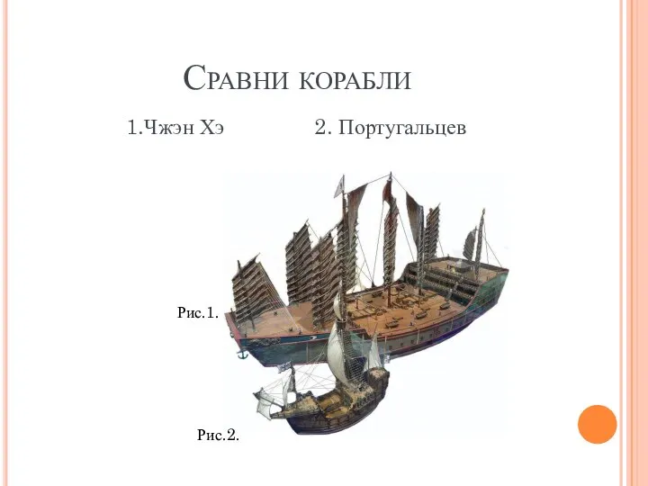 Сравни корабли 1.Чжэн Хэ 2. Португальцев Рис.2. Рис.1.