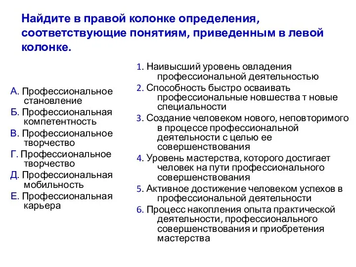 Найдите в правой колонке определения, соответствующие понятиям, приведенным в левой колонке.