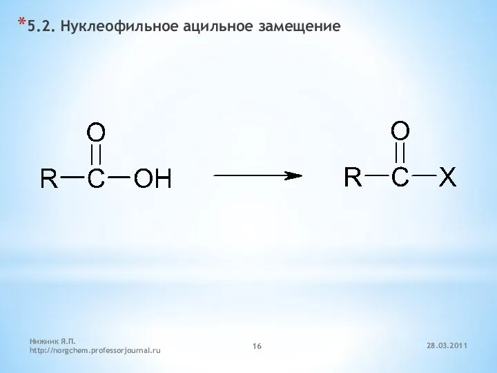 5.2. Нуклеофильное ацильное замещение 28.03.2011 Нижник Я.П. http://norgchem.professorjournal.ru